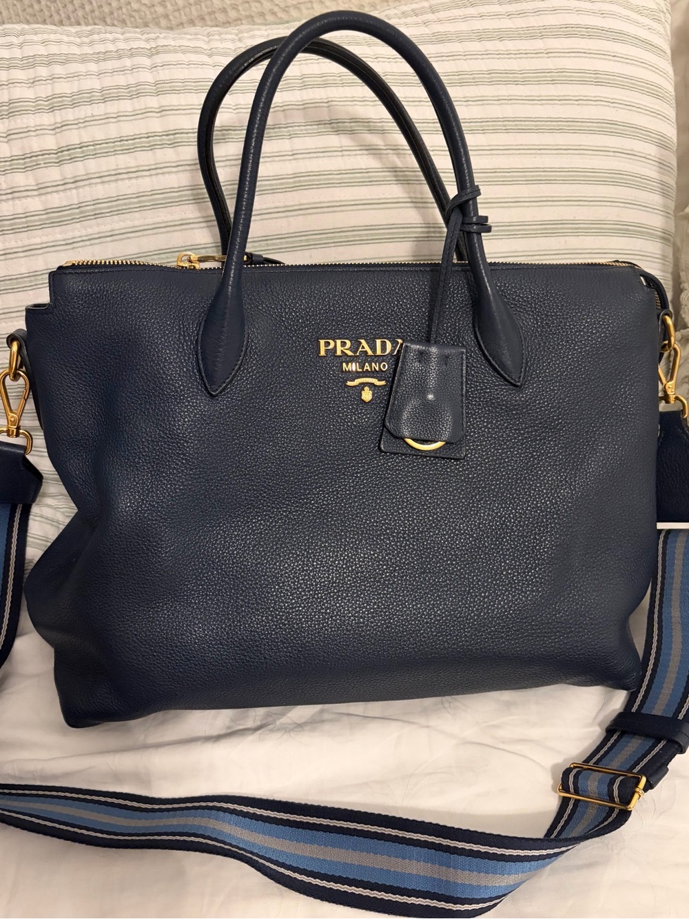Prada Vitello Daino 2 Strap Navy Leather Bag with Striped Strap - Picture 2 of 10